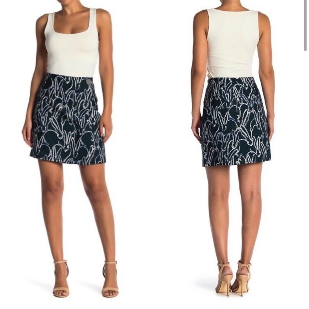 Jason Wu Skirt Dark Green Bunny Rabbit Print Textured Jacquard Mini Wool Blend 4